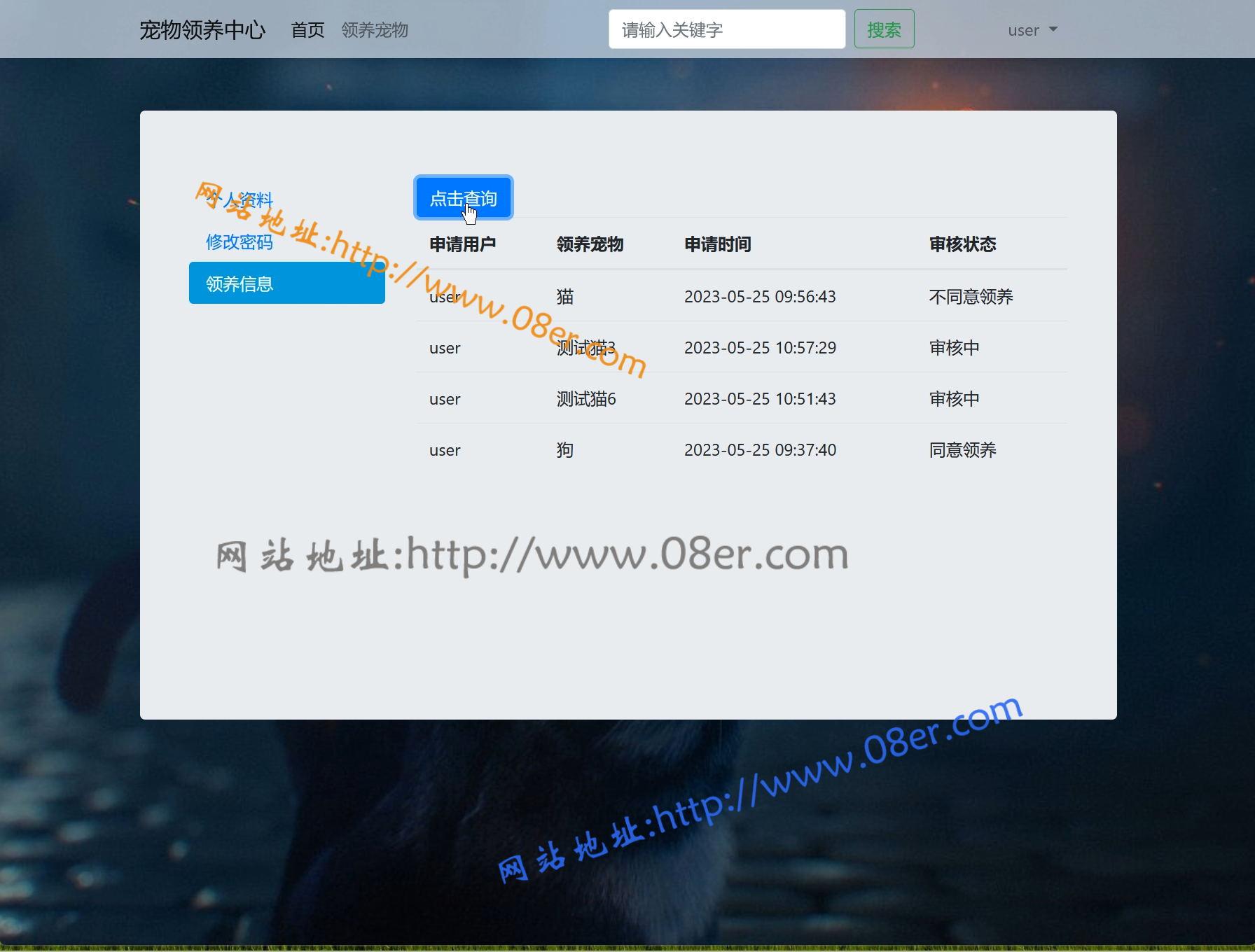 springboot流浪宠物领养网站管理系统java猫狗动物收容寄养源码mysql~sb10202