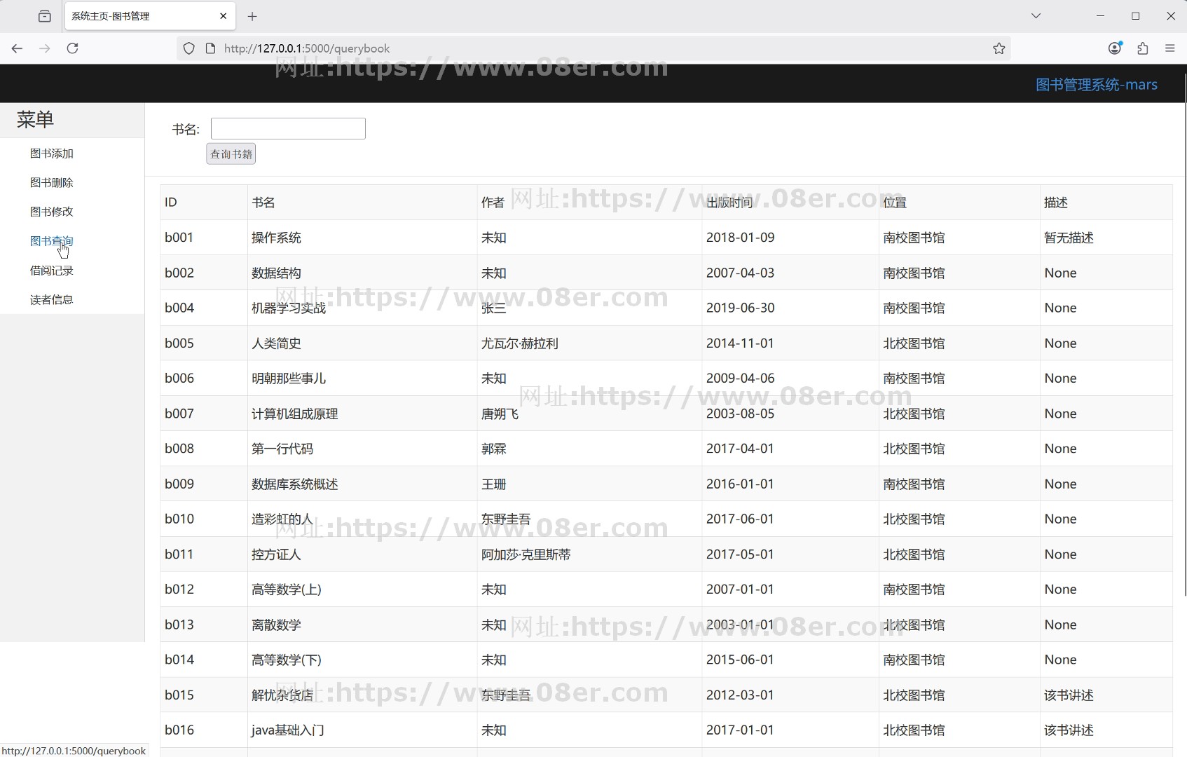 python图书后台管理系统flask学生书籍借阅归还html源码mysql